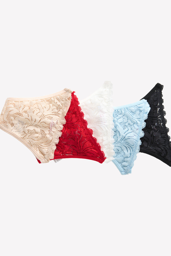 Low-rise lace cheeky underpants set of 4 in beige, red, light blue, black