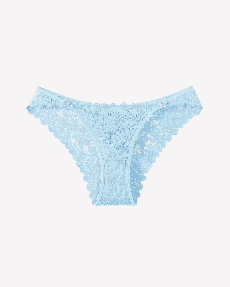 Light blue lace low rise tanga cheeky underpants, soft and breathable, for confidence and romance.