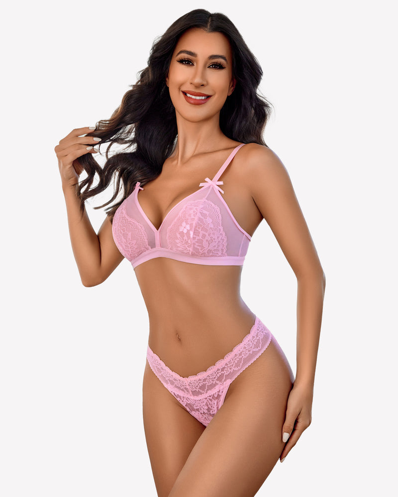 Pink lace lingerie set featuring a seamless design and comfortable fit, perfect for a sensual look.