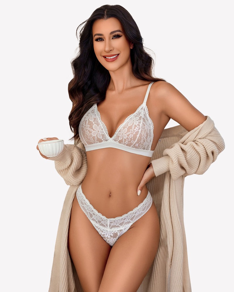 White lace lingerie set with triangle bra and Brazilian panties, floral lace details