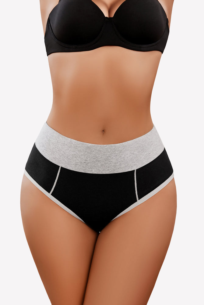 High-waist cotton hipster panties in black with grey waistband, comfortable fit, color-clash design