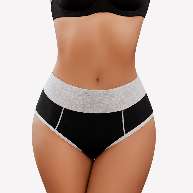 High-waist cotton hipster panties in black with grey waistband, comfortable fit, color-clash design