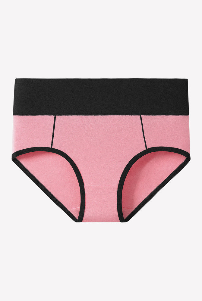 Pink high-waist cotton hipster panties with black trim, comfortable color-clash design