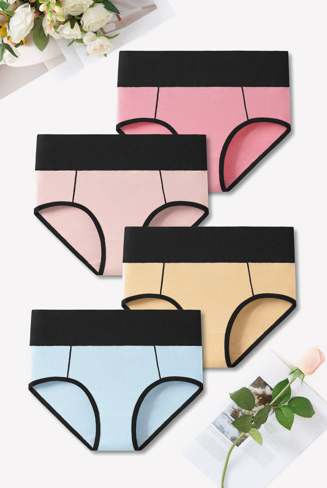 High-waist cotton hipster panties in various colors, color-clash design, comfortable fit
