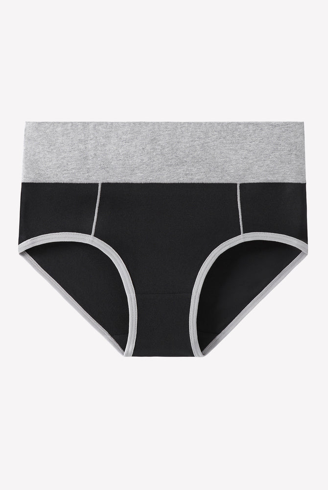 High-waist black cotton hipster panties with gray waistband and color-clash design