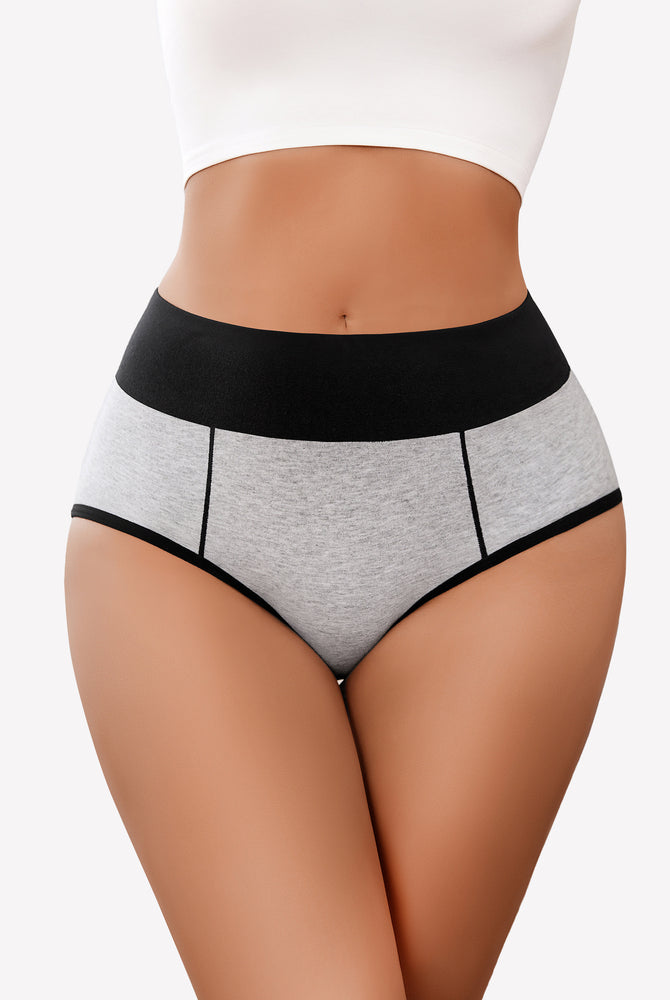 High-waist cotton hipster panties in grey with black waistband, comfortable fit, color-clash design