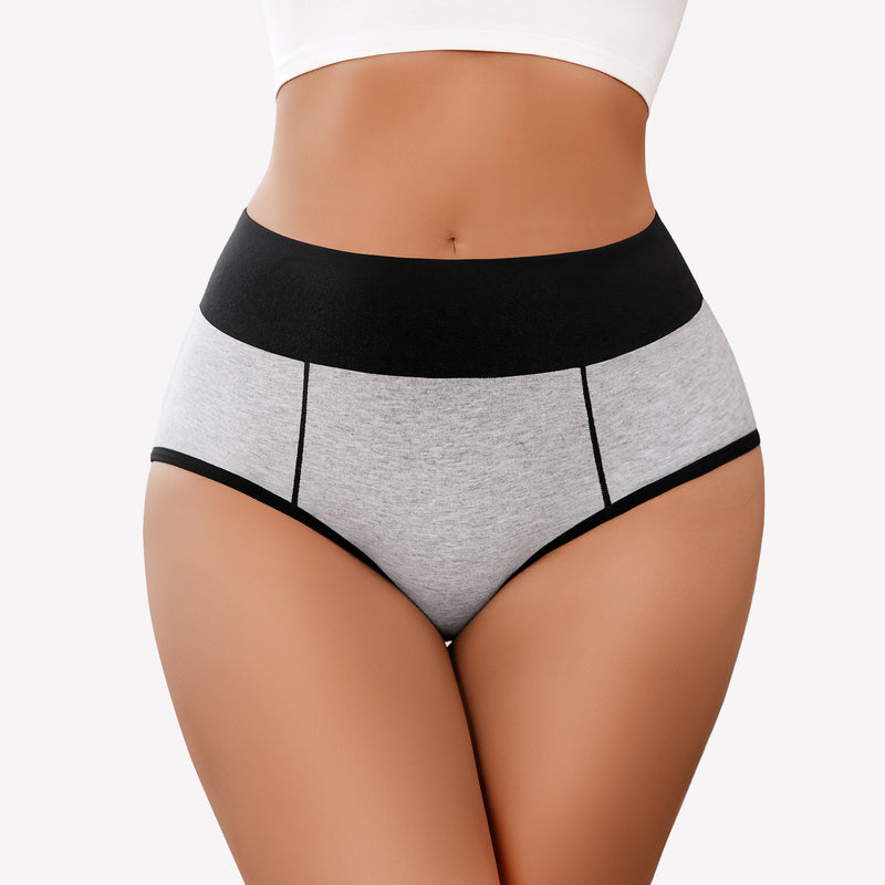 High-waist cotton hipster panties in grey with black waistband, comfortable fit, color-clash design