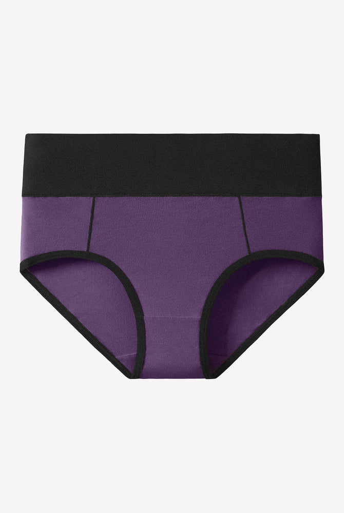 Avidlove high-waist cotton hipster panties in purple with black trim, comfortable color-clash design