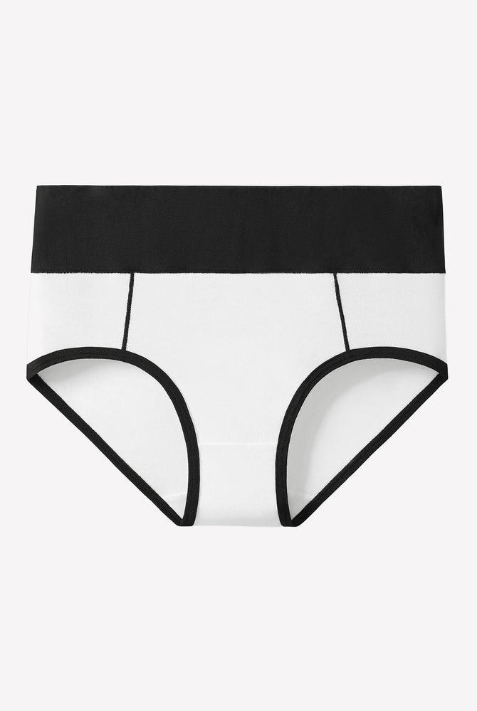 High-waist cotton hipster panties in white with black waistband and trim, color-clash design