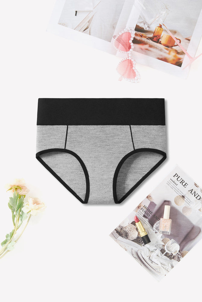 High-waist cotton hipster panties in grey with black trim, comfortable color-clash design, Avidlove