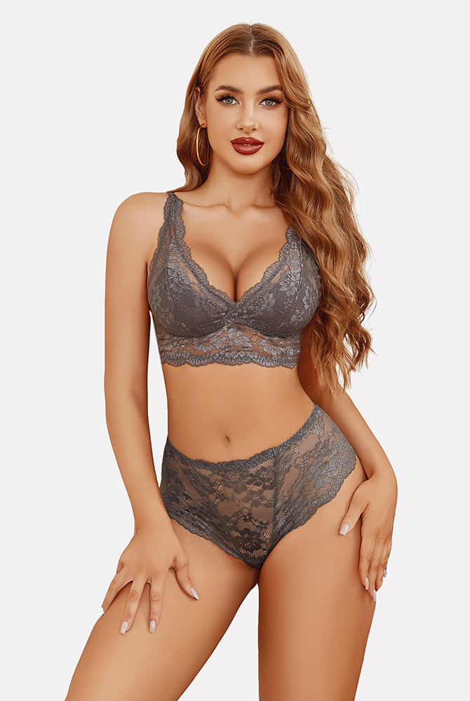 Gray floral lace lingerie set, bralette and high-waisted panties. Comfortable and alluring.