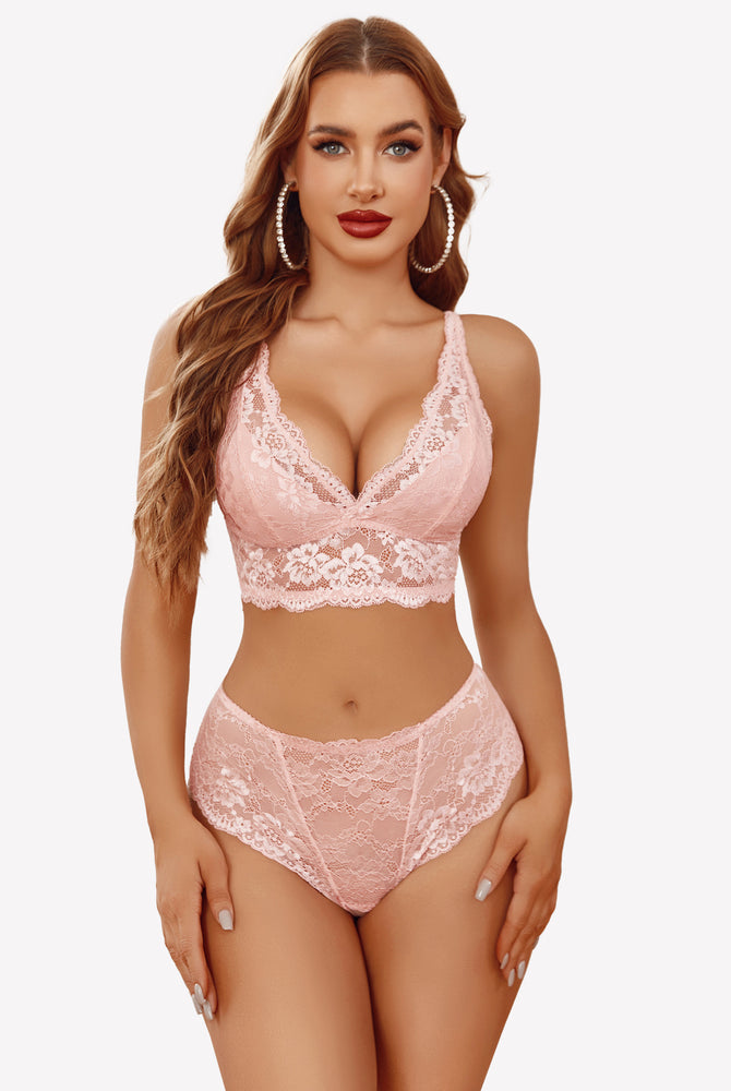 Pink floral lace lingerie set, bralette and high-waisted panties. Comfortable and alluring.