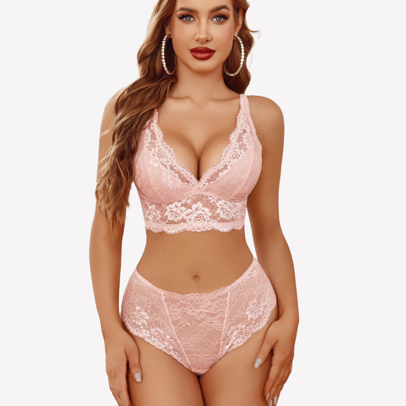 Pink floral lace lingerie set, bralette and high-waisted panties. Comfortable and alluring.