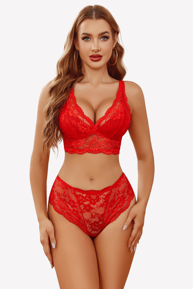 Red floral lace lingerie set, bralette and high-waisted panties. Comfortable and alluring.