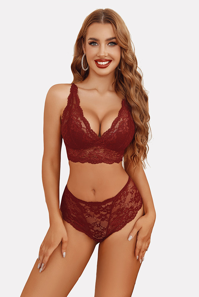 Burgundy lace lingerie set, bralette and high-waisted panties. Comfortable and alluring.
