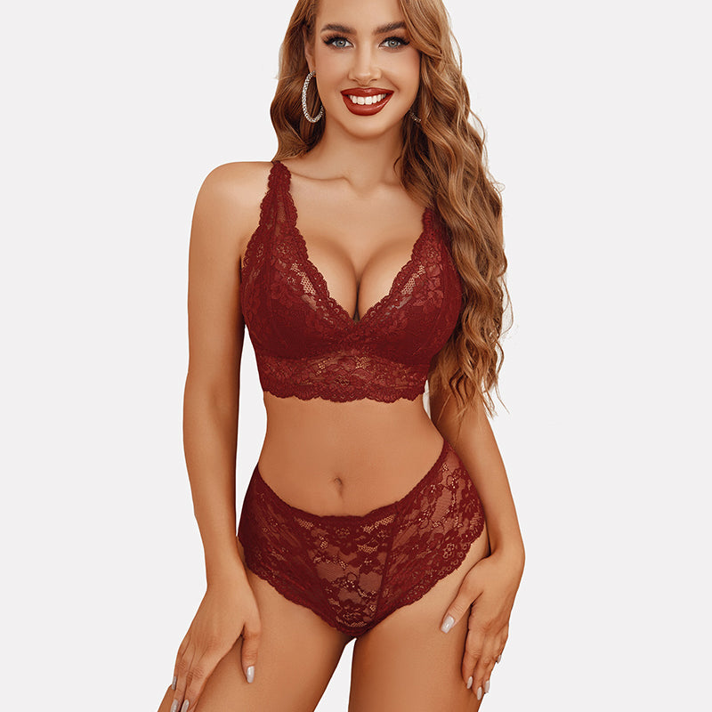Burgundy lace lingerie set, bralette and high-waisted panties. Comfortable and alluring.
