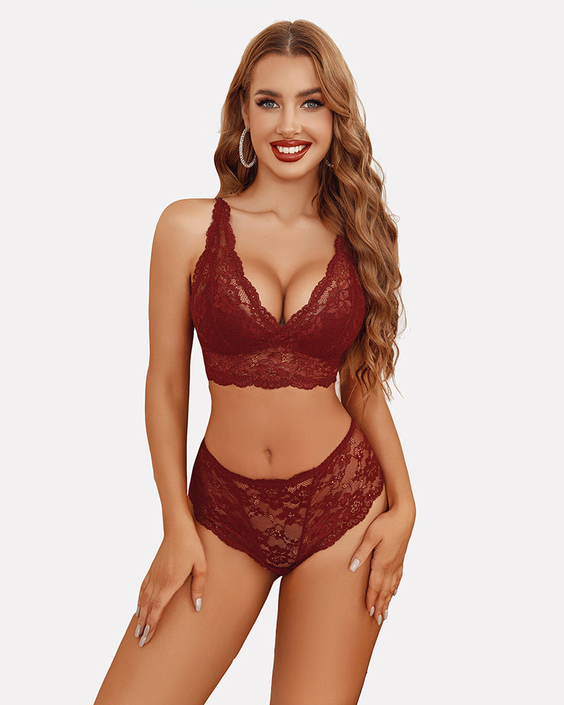 Burgundy lace lingerie set, bralette and high-waisted panties. Comfortable and alluring.