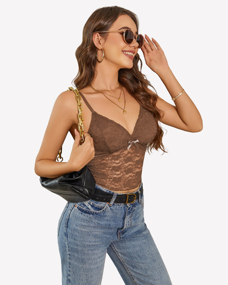 Brown lace camisole crop top, Y2k tank, spaghetti straps, paired with blue jeans
