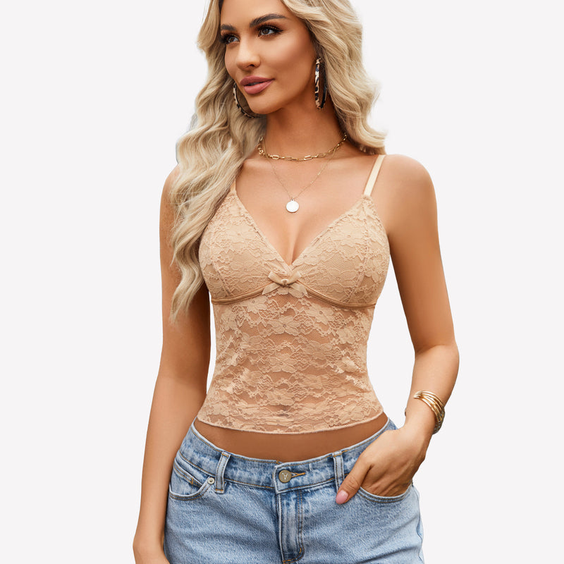 Beige lace camisole crop top, Y2k tank, paired with light blue jeans. Sexy and fashionable.