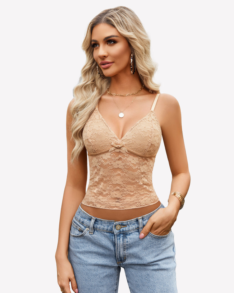 Beige lace camisole crop top, Y2k tank, paired with light blue jeans. Sexy and fashionable.