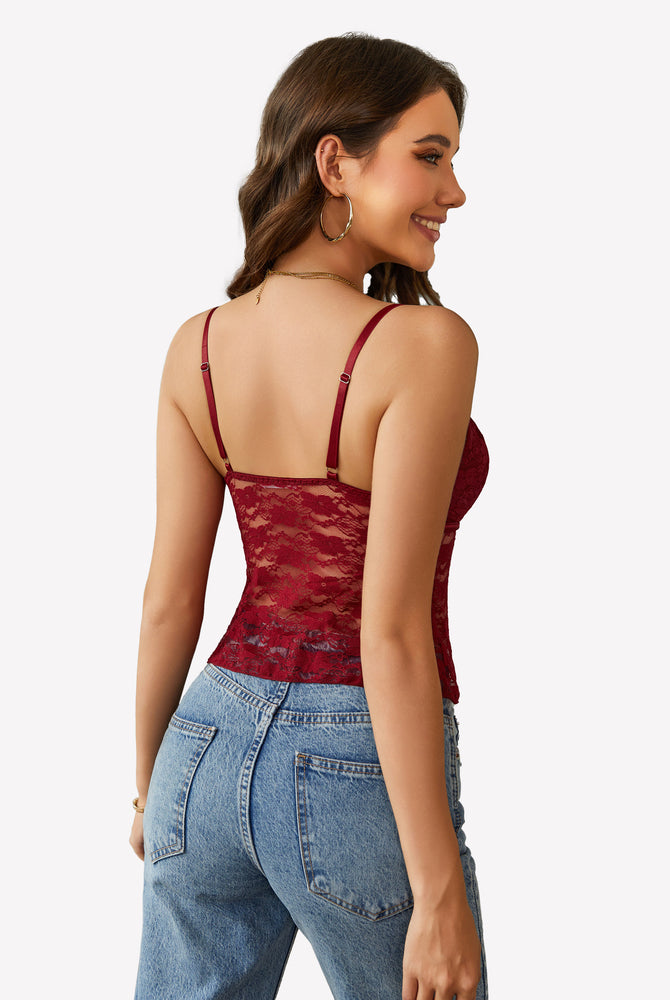 Burgundy lace camisole crop top, spaghetti straps, blue jeans. Y2k tank top. Sexy lingerie.