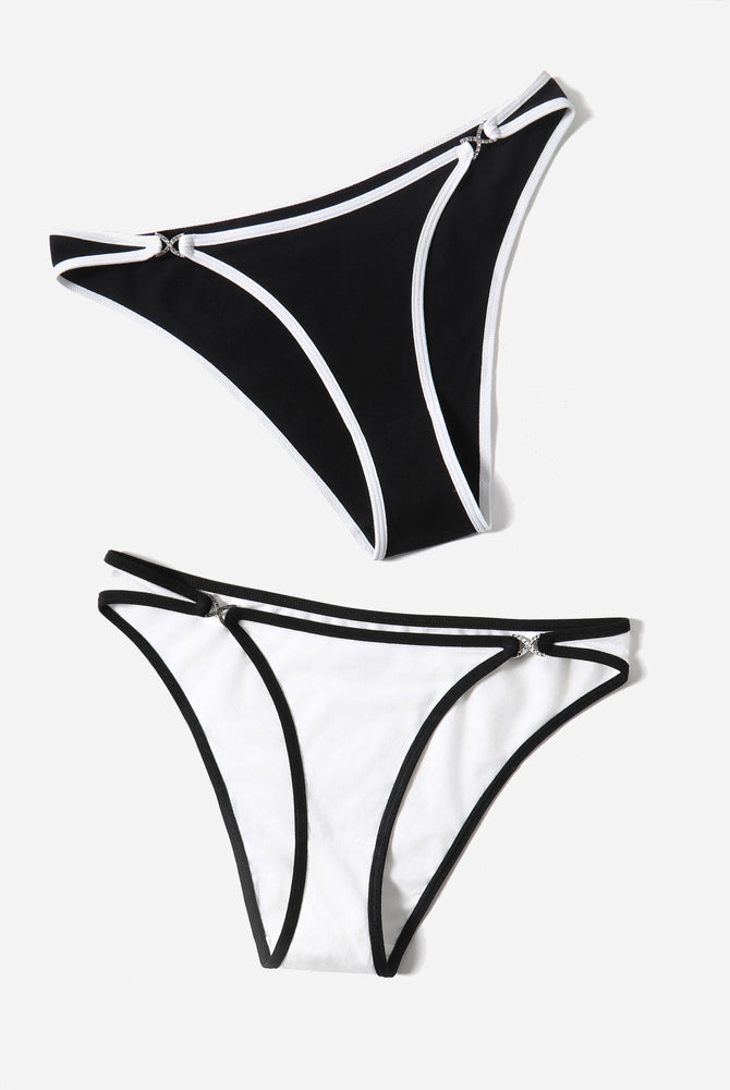 Cotton hipster panties in black and white with rhinestone accents, low rise design