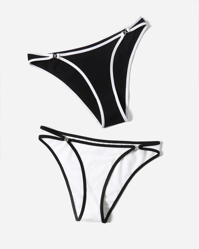 Cotton hipster panties in black and white with rhinestone accents, low rise design