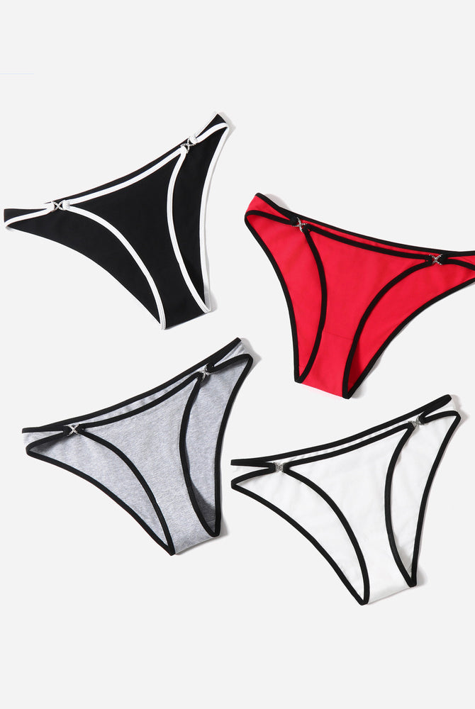 Cotton panties low rise hipster in black, red, gray, and white with rhinestone accents