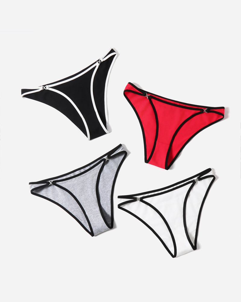 Cotton panties low rise hipster in black, red, gray, and white with rhinestone accents