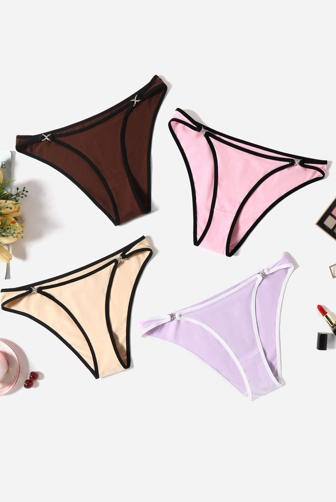 Cotton hipster panties in brown, pink, beige, and lavender with rhinestone accents, low rise design