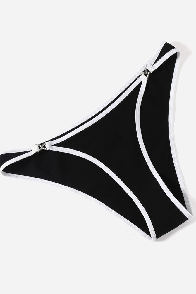 Black cotton hipster panties with white trim and rhinestone accents, low rise design