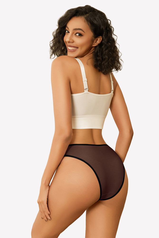 Brown sheer hipster panties with black trim, paired with a beige crop top, low rise design.