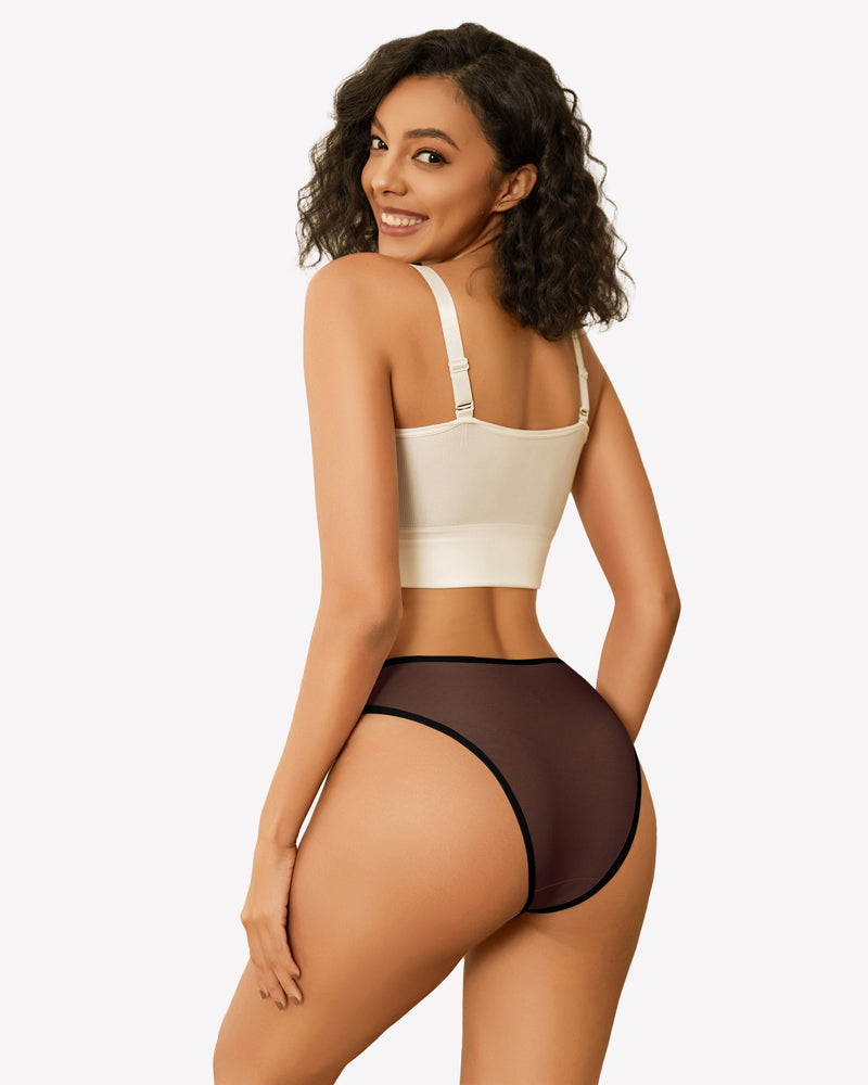 Brown sheer hipster panties with black trim, paired with a beige crop top, low rise design.