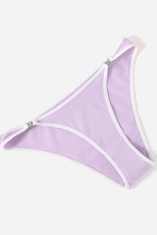 Lavender cotton hipster panties with white trim and rhinestone accents, low rise design
