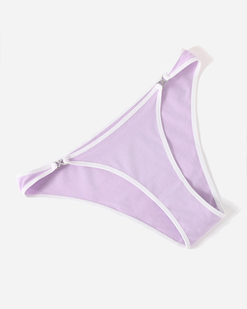 Lavender cotton hipster panties with white trim and rhinestone accents, low rise design