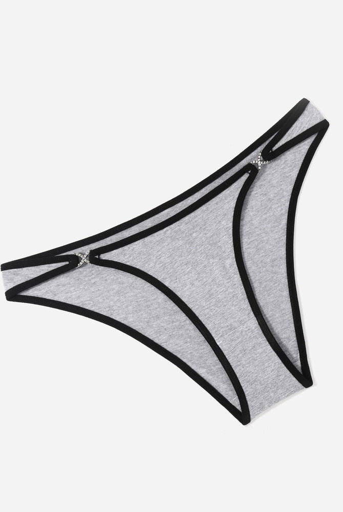 Gray cotton hipster panties with black trim and rhinestone accents, low rise design
