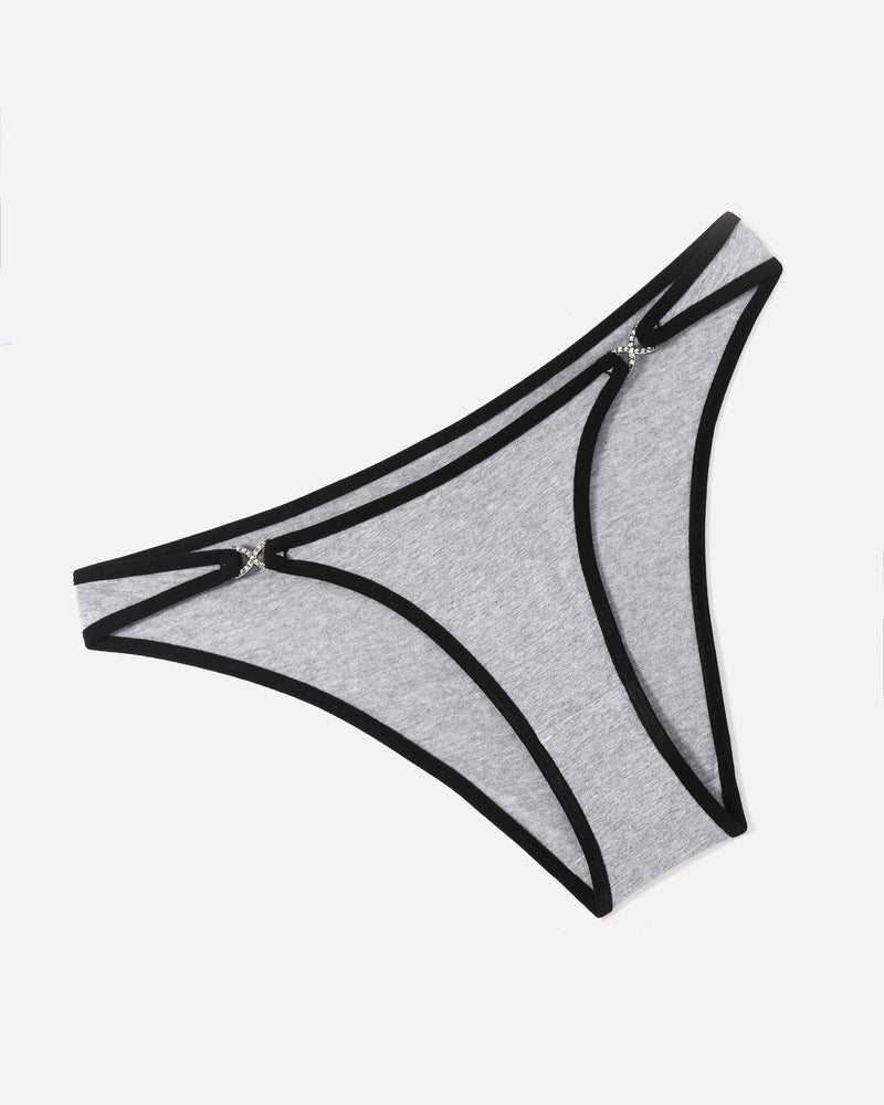 Gray cotton hipster panties with black trim and rhinestone accents, low rise design