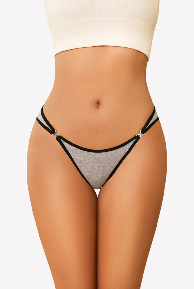 Gray cotton low rise thong panty with rhinestone accents, sensual design