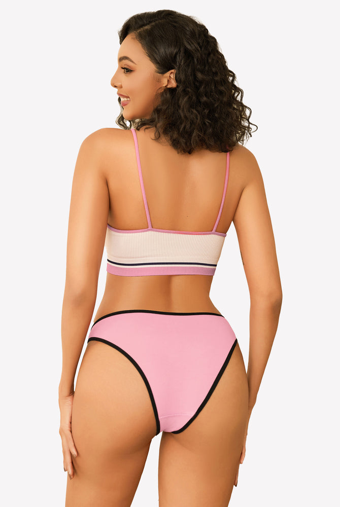 Pink cotton hipster panty with black trim, paired with a matching bralette, low rise design