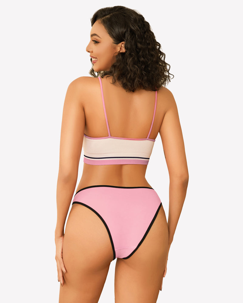 Pink cotton hipster panty with black trim, paired with a matching bralette, low rise design