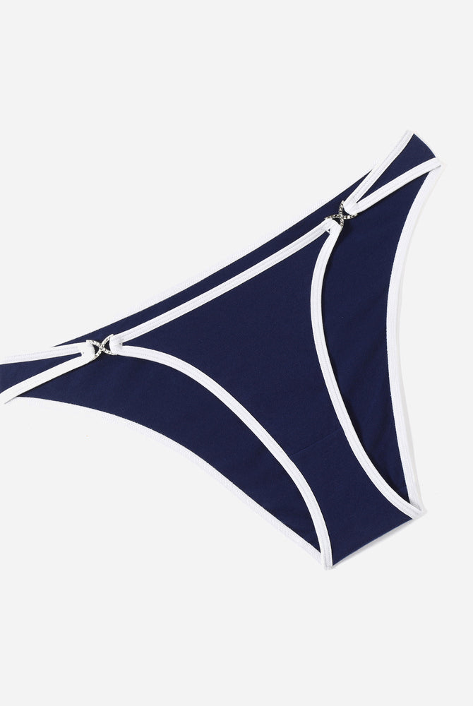 Navy blue cotton hipster panties with white trim and rhinestone accents, low rise
