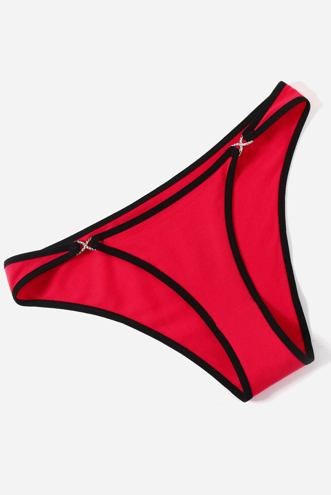 Red cotton hipster panty with black trim, rhinestone accents, low rise design, sensual lingerie.