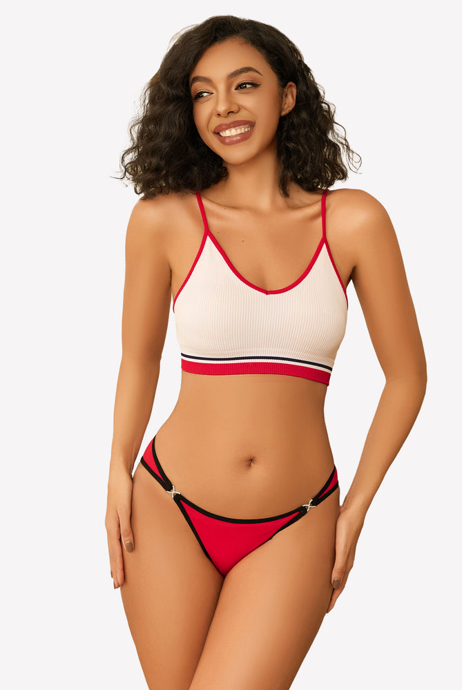 Red cotton low rise thong panty and white bralette set with rhinestone accents, sensual lingerie.