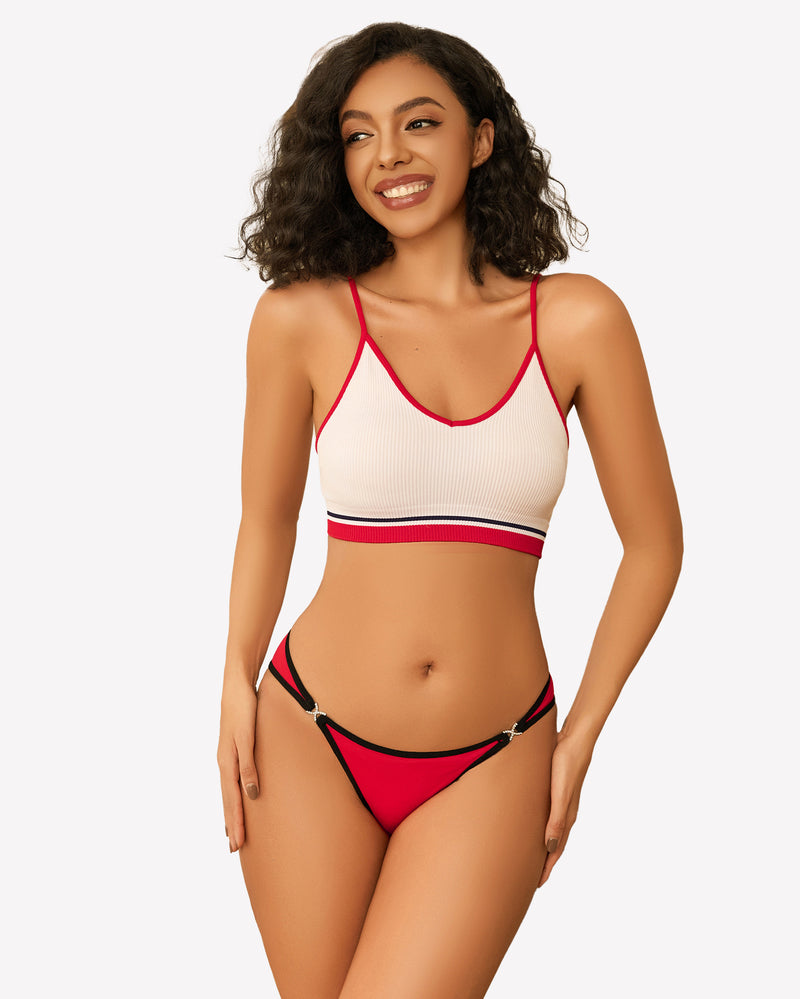 Red cotton low rise thong panty and white bralette set with rhinestone accents, sensual lingerie.