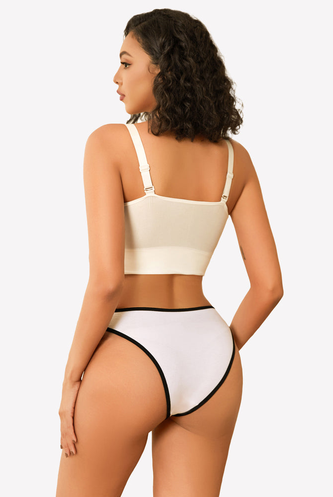White cotton hipster panty with black trim, beige crop top, low rise design, sensual lingerie.