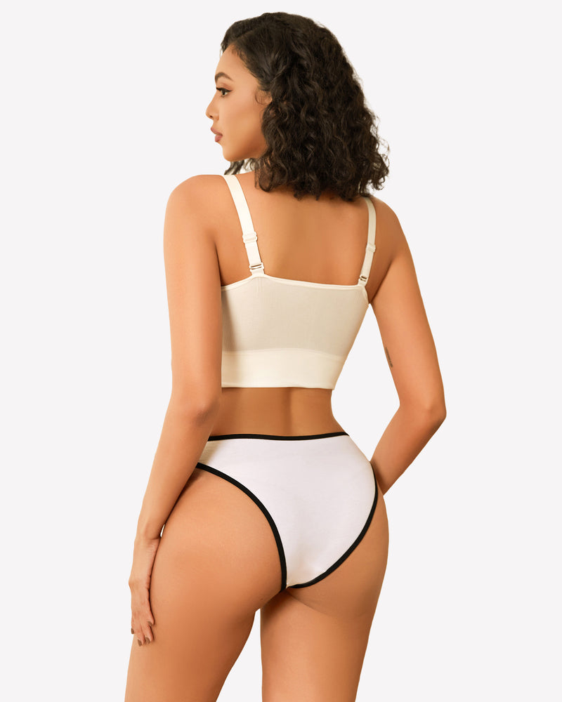 White cotton hipster panty with black trim, beige crop top, low rise design, sensual lingerie.