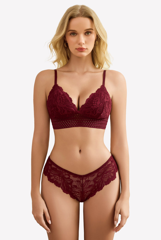 Burgundy floral lace bralette and panty set with adjustable straps, sexy lingerie for women