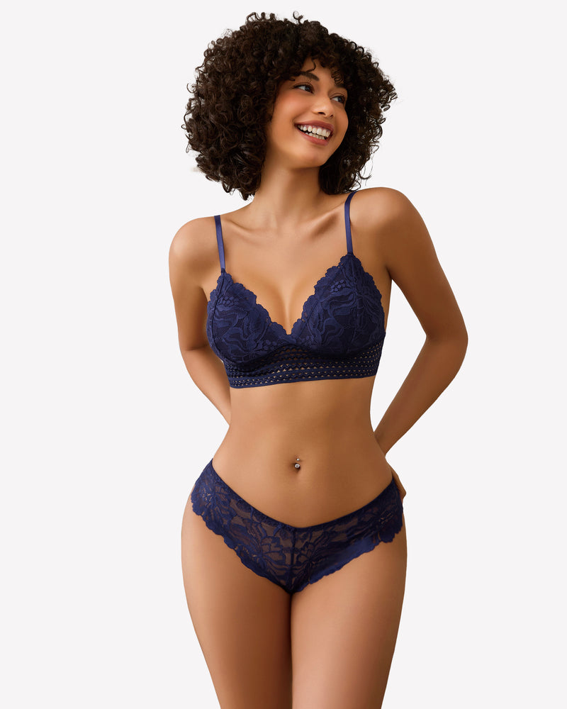 Navy blue floral lace bralette and panty set, perfect for comfort and confidence.
