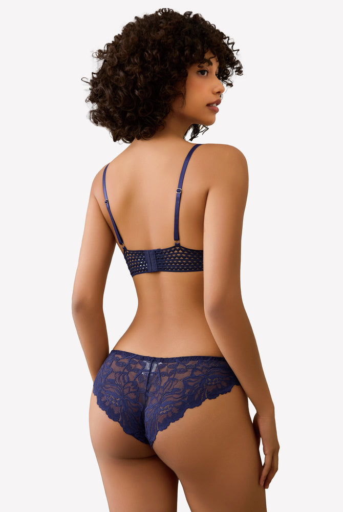 Navy blue lace bralette and panty set with floral lace, offering comfort and confidence.