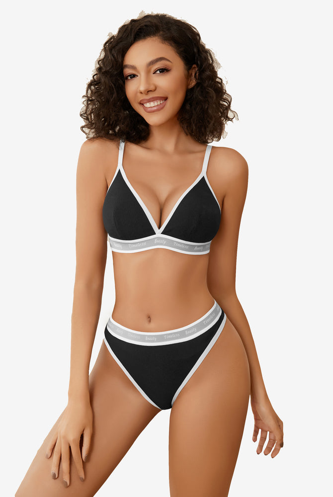 Black contrast lingerie set, ribbed knit, white trim, "Timeless Beauty" print, Avidlove